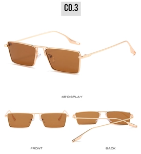 Slim rectangle metal sunglasses with gold frame and brown lenses from multiple angles