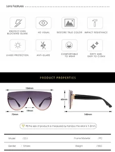 Tableau des tailles détaillé pour lunettes de soleil oversize avec dimensions et matériau PC