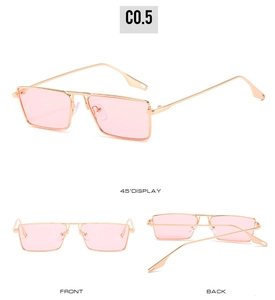 Multiple views of gold metal rectangular sunglasses with stylish light pink lenses