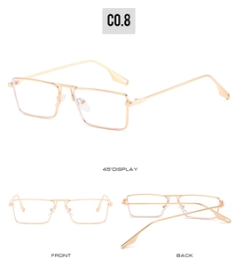 Three-view display of polished gold rectangular metal glasses frame with double bridge