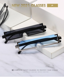 Modern rectangle sunglasses display with black thick frame and silver blue gradient lens