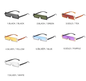 Detailed grid of pixel-style square sunglasses in seven vibrant colors and metallic frames