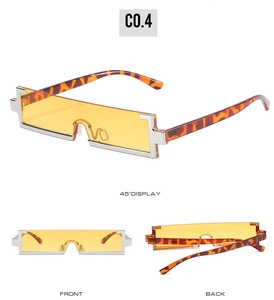 Three-angle view of trendy rectangular sunglasses with yellow lenses and tortoise temples