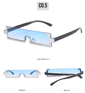 Three-way view of square pixel sunglasses with silver frames and blue gradient lenses