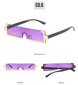 Three-way view of trendy rectangle sunglasses with purple lenses and gold metal accents