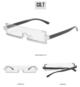 Three perspectives of futuristic silver semi-rimless square sunglasses C0.7 with black temples