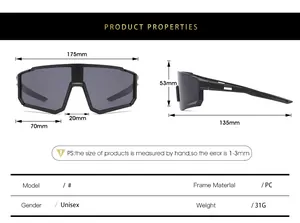 Detailed size chart of unisex cycling sunglasses with dimensions and PC frame specs
