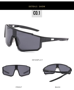 Three-way view of black large frame cycling sunglasses with anti-slip hollow temples