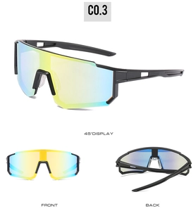 Multi-angle views showing front, back, and 45-degree side of colorful cycling sunglasses