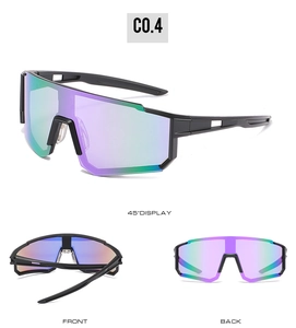 Three-angle views showing colorful mirrored shield cycling sunglasses with black frame