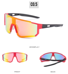 Multi-angle views of red sports cycling sunglasses with orange gradient mirror lenses