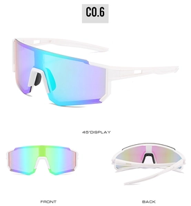 Macro display of large white frame sports cycling sunglasses with blue purple mirror lenses