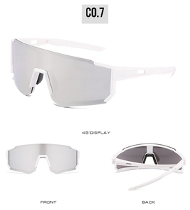 Multi-angle views of large frame sports cycling sunglasses with silver mirror lenses