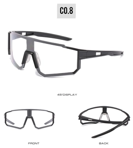 Three perspective views showing the black frame and clear lenses of sports cycling glasses