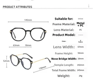 Detailed sizing chart and specifications for polygonal blue light blocking glasses