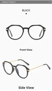 Detailed front and side views of black polygonal glasses frames with sleek gold metal temples