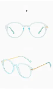 Detail view of light blue polygon frames with gold metal temples from positive and side angles