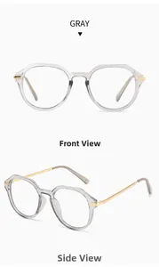 Detailed front and side views of transparent gray polygon frames with gold metal temples