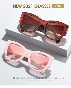 Detail view of 9114 stylish square anti-blue light glasses with checkered pattern lenses