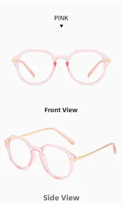 Pink polygon anti-blue light glasses with golden metal temples in front and side views