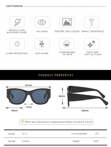 Detailed size chart for square cat-eye sunglasses with UV400 frame dimensions