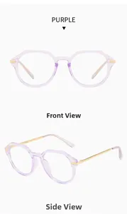 Detailed front and side view of purple polygon frames with gold metal temples