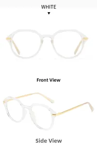 Front and side view of transparent polygonal glasses with gold metal temples