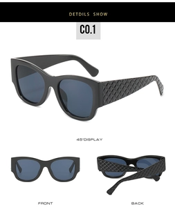 Three-view display of black square sunglasses with quilted texture embossed temples