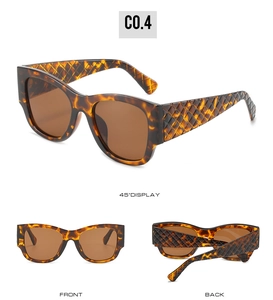 Detailed multi-angle views of tortoiseshell square sunglasses with woven texture temples