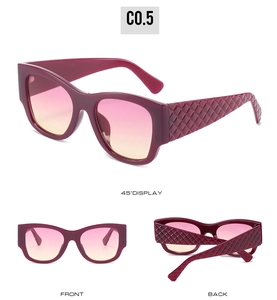 Detail view of burgundy square sunglasses with gradient lenses and plaid texture temples