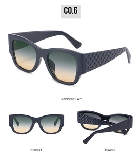 Macro detail of plaid textured temples and gradient lenses on oversized square sunglasses