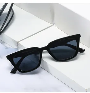 Detail of vintage cat-eye sunglasses with thick black frames on minimalist white display