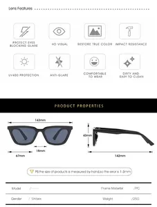 Detailed size chart for cat eye sunglasses showing PC frame dimensions and UV400 HD lens features