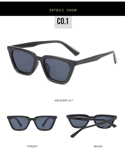Detailed views of black cat-eye sunglasses including front and 45-degree angle display