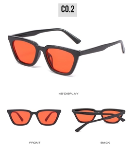 Three-view display of black cat-eye sunglasses with vibrant orange lenses and retro frame