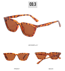 Three views of tortoiseshell cat-eye sunglasses with brown lenses in 45-degree angle