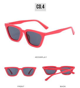 Detailed views showing the red rectangular sunglasses from front, side and back angles