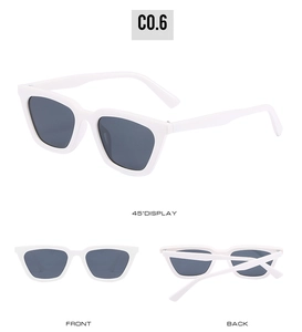 Three-angle view of white cat-eye sunglasses with dark gray lenses in white frame