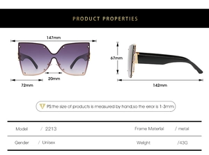 Dimensions détaillées des lunettes de soleil oversize avec verres dégradés violets