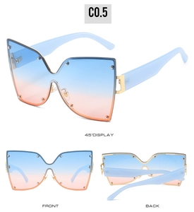 Vues détaillées de lunettes papillon oversize avec verres dégradés bleu-rose et rivets