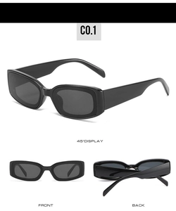 Trois vues de lunettes de soleil rectangulaires noires à branches larges et verres foncés