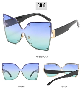 Vues détaillées de lunettes de soleil papillon avec verres dégradés et clous argentés