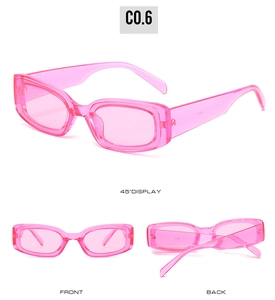 Trois vues de lunettes de soleil rectangulaires roses translucides avec affichage à 45 degrés