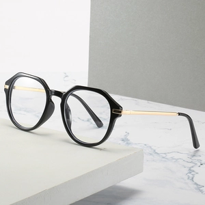 Polygonal anti-blue light glasses with black frames and stylish gold metal temples