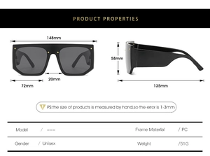 Flat top shield sunglasses detail showing exact frame dimensions and oversize PC lens size