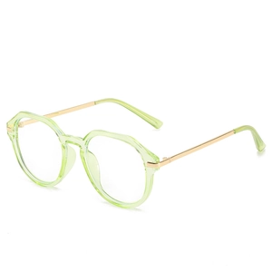 Polygonal anti-blue light glasses with light green frames and gold metal temples