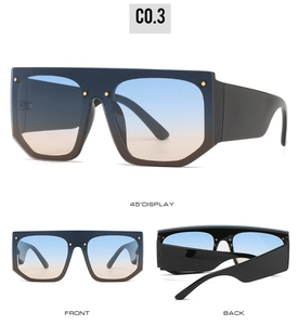 Detailed views of oversized square sunglasses featuring blue-pink gradient lenses and gold studs