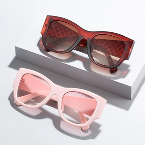 Fashionable square cat-eye sunglasses with translucent wine red and matte pink frames
