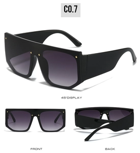 Detailed multi-angle views of black flat top shield sunglasses with gradient lenses