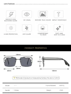 Size chart for wave rimless sunglasses with metal frame dimensions and weight specs